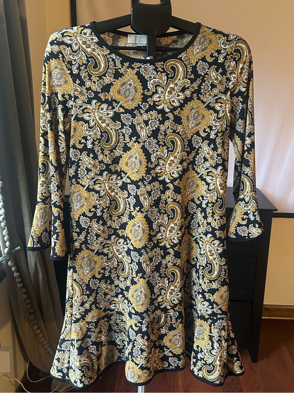 Michael Kors Black & Gold Paisley Bell-sleeve Dress Size Medium